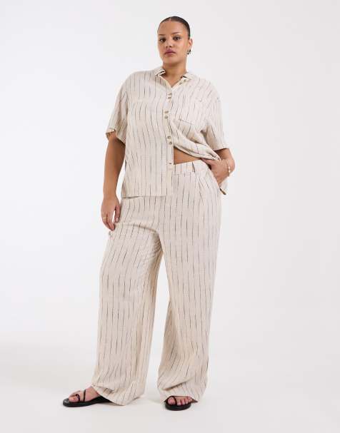 ASOS DESIGN Curve wide leg trousers with pleat detail in linen blend in natural squiggle - view 1