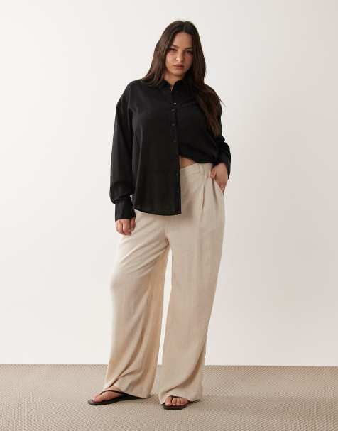 ASOS DESIGN Curve wide leg trousers with pleat detail in linen blend in natural - view 1
