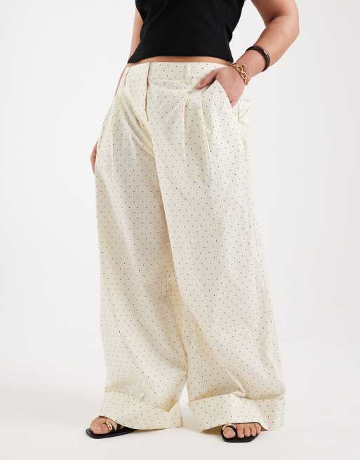 ASOS DESIGN Curve wide leg trousers with turn up in yellow polka dot, 2 of 5