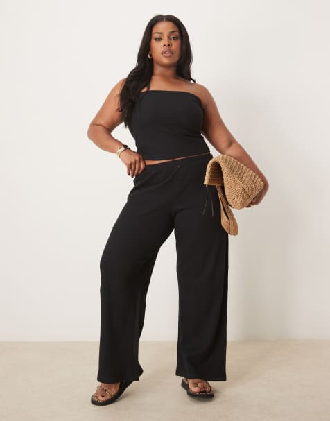 ASOS DESIGN curve wide leg waffle trouser in black