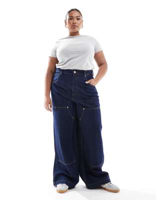 ASOS DESIGN Curve wide leg workwear jeans in inky wash-Blue