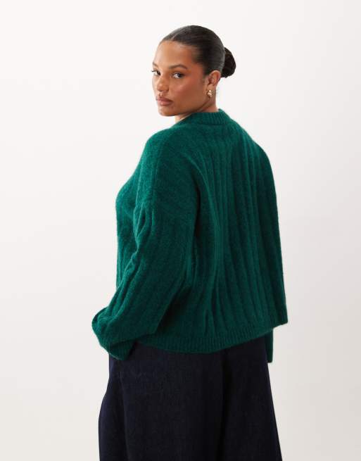 ASOS DESIGN Curve wide rib boxy crew jumper in forest green, 4 of 4