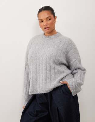 Asos Curve Asos Design Curve Wide Rib Boxy Crew Sweater In Gray