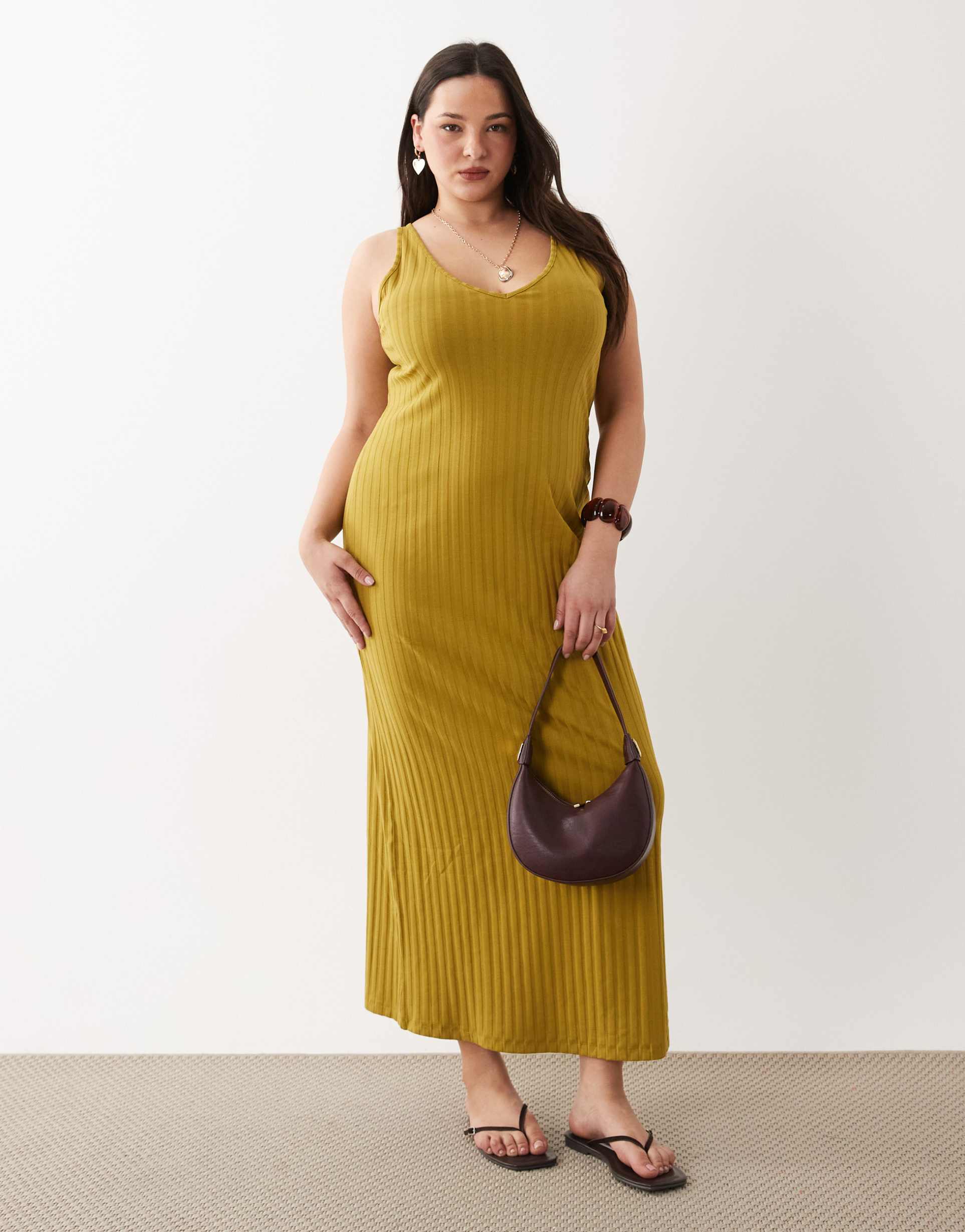 asos design curve wide rib sleeveless v-neck midi dress in khaki