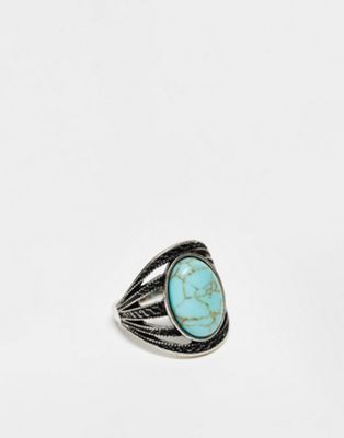 ASOS DESIGN Curve wide ring with faux turquoise stone in burnished silver tone