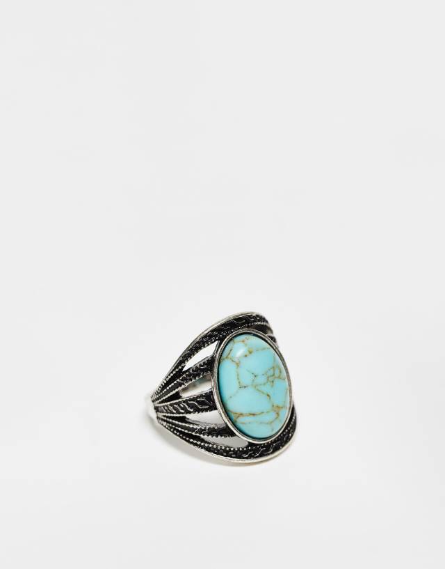 ASOS DESIGN Curve wide ring with faux turquoise stone in burnished silver tone