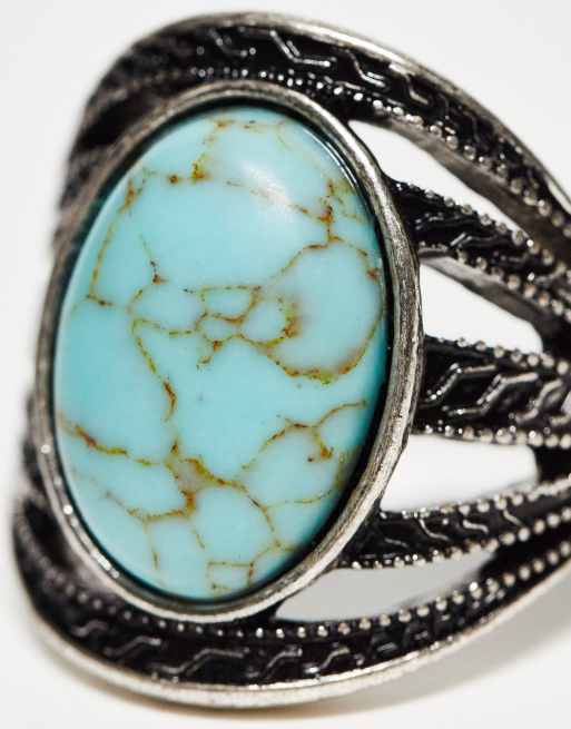 ASOS DESIGN Curve wide ring with faux turquoise stone in burnished silver tone
