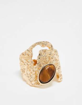 ASOS Curve ASOS DESIGN Curve wide textured ring with semi precious style stone set in gold tone