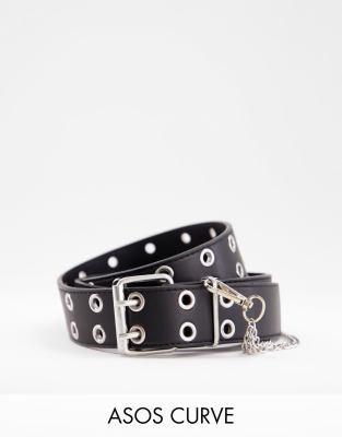 ASOS DESIGN Curve wide waist and hip eyelet jeans belt with chain detail in black