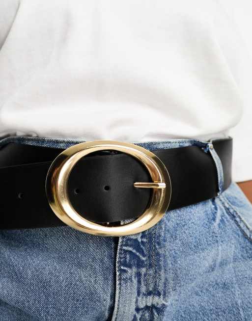 ASOS DESIGN wide waist belt with oval gold buckle