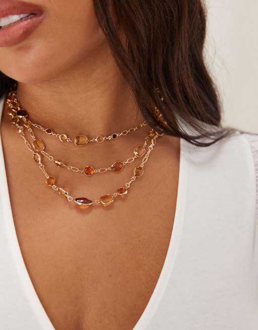 ASOS DESIGN Curve – Wielorzędowy naszyjnik w odcieniu złota z bursztynami
