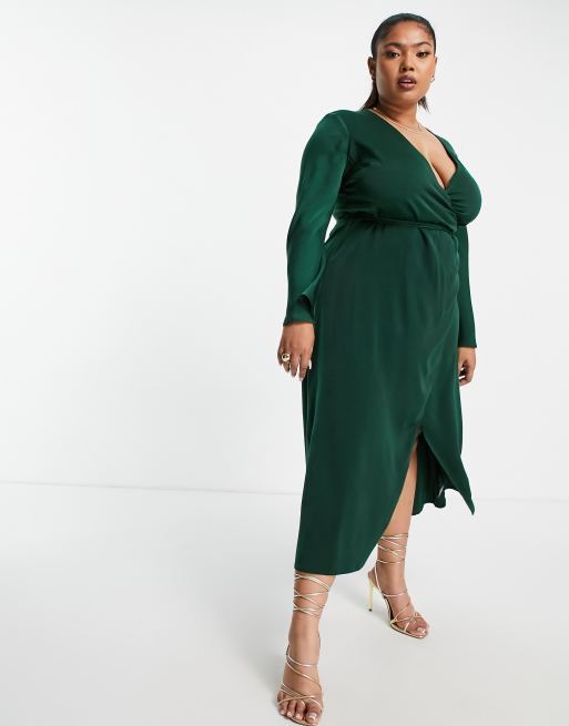 ASOS DESIGN Curve - Wikkeljurk van schuin gesneden satijn met gestrikte taille in bosgroen, 4 van 4