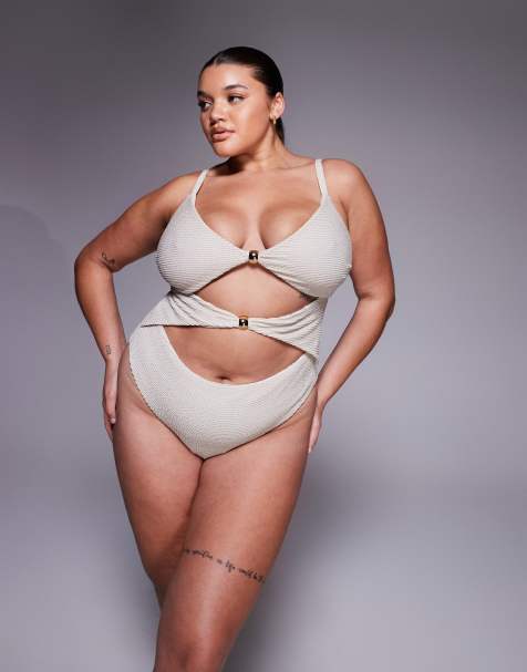 ASOS DESIGN Curve Winter crinkle cut out swimsuit with hardware in metallic cream - view 1
