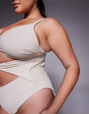 Asos Curve Asos Design Curve Winter Crinkle Cut Out Swimsuit With Hardware In Neutral