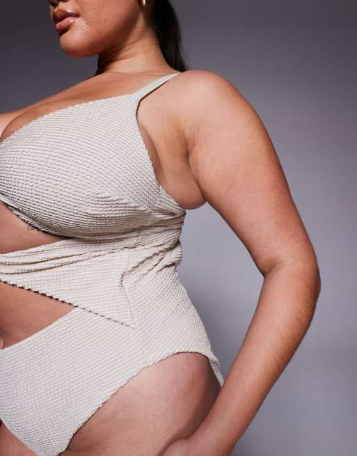 ASOS DESIGN Curve Winter crinkle cut out swimsuit with hardware in metallic cream, 2 of 4