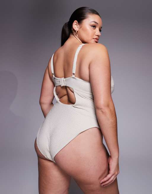 ASOS DESIGN Curve Winter crinkle cut out swimsuit with hardware in metallic cream, 3 of 4