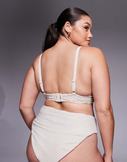 ASOS DESIGN Curve Winter crinkle Marina del Rey underwire high apex bikini top with hardware in metallic cream, 2 of 4