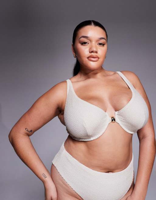 ASOS DESIGN Curve Winter crinkle Marina del Rey underwire high apex bikini top with hardware in metallic cream, 3 of 4