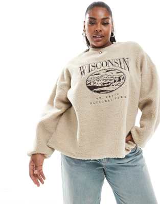 ASOS DESIGN Curve wisconsin embroidered borg sweatshirt-Neutral