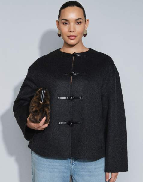 ASOS DESIGN Curve wool blend collarless jacket with frog closure trims in charcoal - view 1