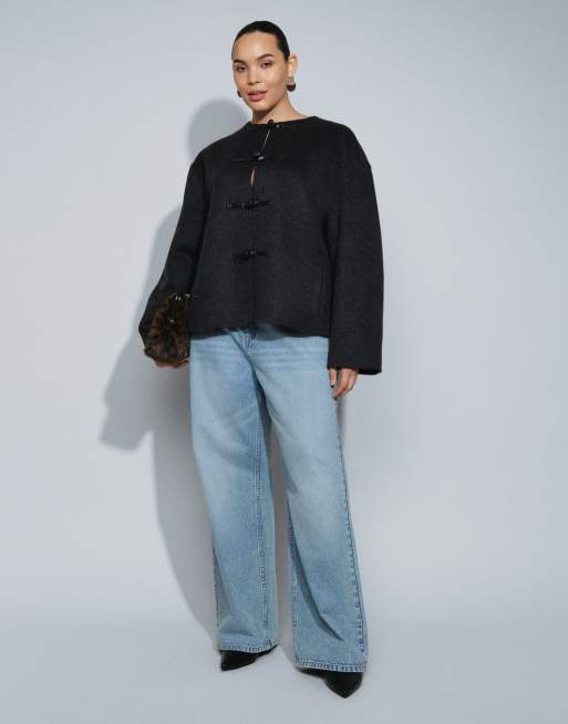 ASOS DESIGN Curve wool blend collarless jacket with frog closure trims in charcoal, 2 of 4