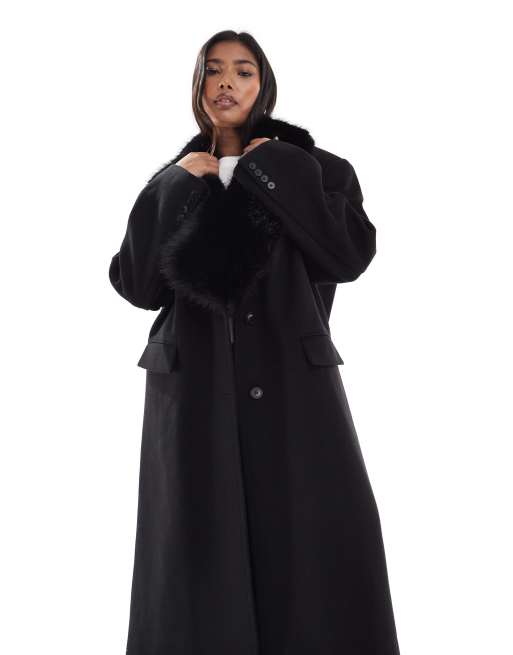 ASOS DESIGN Curve wool blend dad coat with faux fur collar in black, 4 of 4