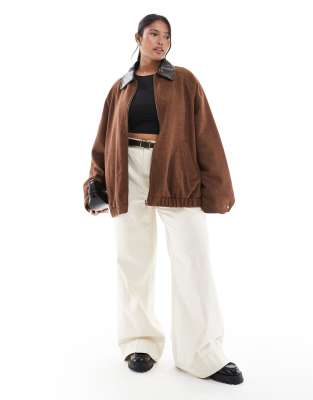 Asos Curve Asos Design Curve Wool Blend Heritage Leather Look Collar Bomber Jacket In Brown