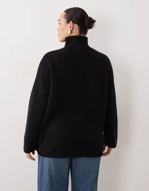 ASOS DESIGN Curve wool blend relaxed fluffy funnel neck sweater in black, 3 of 4