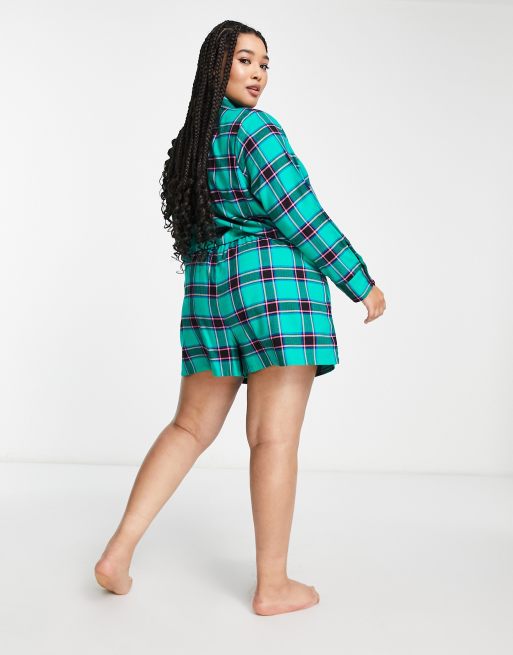 ASOS DESIGN Curve woven check shirt shorts pyjama set in green