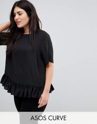 ASOS DESIGN Curve woven t-shirt with ruffle hem-Black