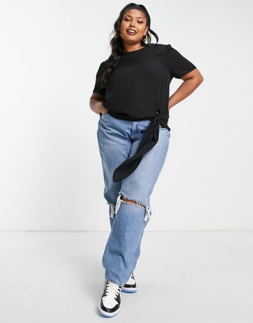 ASOS DESIGN Curve woven tee with knot tie in black