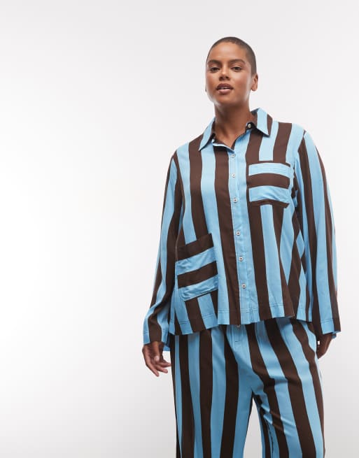 ASOS DESIGN Curve woven viscose modal long sleeve pyjama set in blue stripe, 3 of 4
