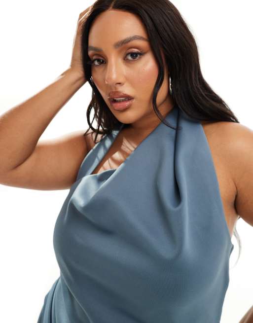 ASOS DESIGN Curve wrap around halter neck midi dress in petrol blue in  scuba-style fabric | ASOS