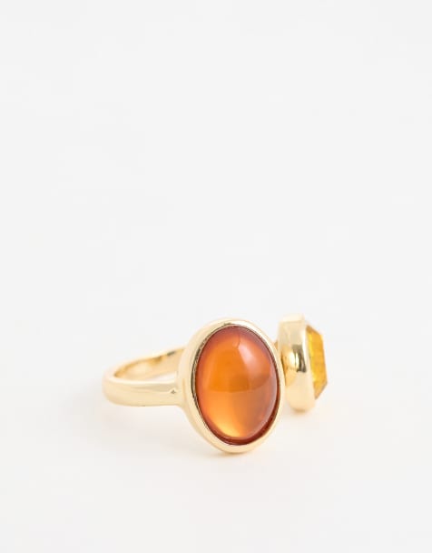 ASOS DESIGN Curve wrap around ring with amber faux semi precious stones in gold tone - view 1