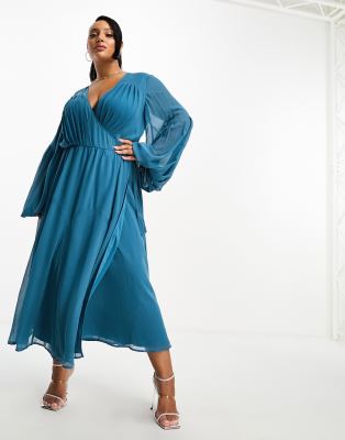 Asos Curve Asos Design Curve Wrap Balloon Sleeve Midi Dress With Tie Waist Detail In Teal-blue