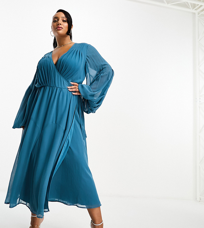 Asos Curve Asos Design Curve Wrap Balloon Sleeve Midi Dress With Tie Waist Detail In Teal-blue