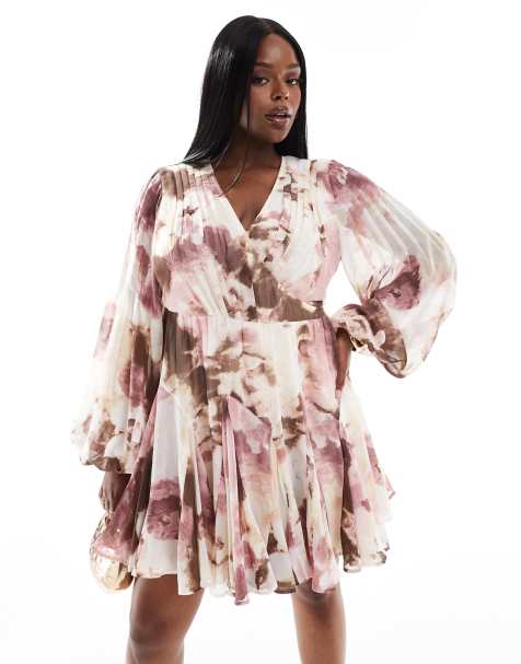 ASOS DESIGN Curve wrap balloon sleeve mini dress with tie waist detail in pink floral print - view 1