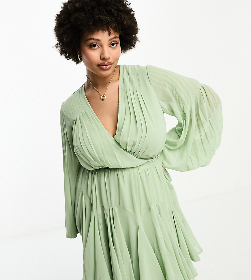 Asos Curve Asos Design Curve Wrap Balloon Sleeve Mini Dress With Tie Waist Detail In Sage Green