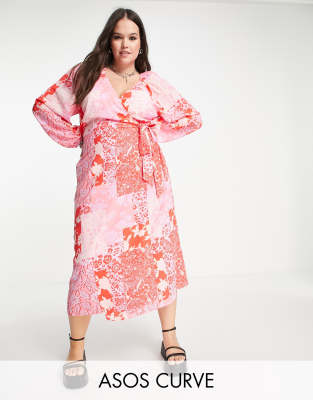 Asos Curve Asos Design Curve Wrap Belted Midi Dress In Lilac And Red Patchwork Print-multi