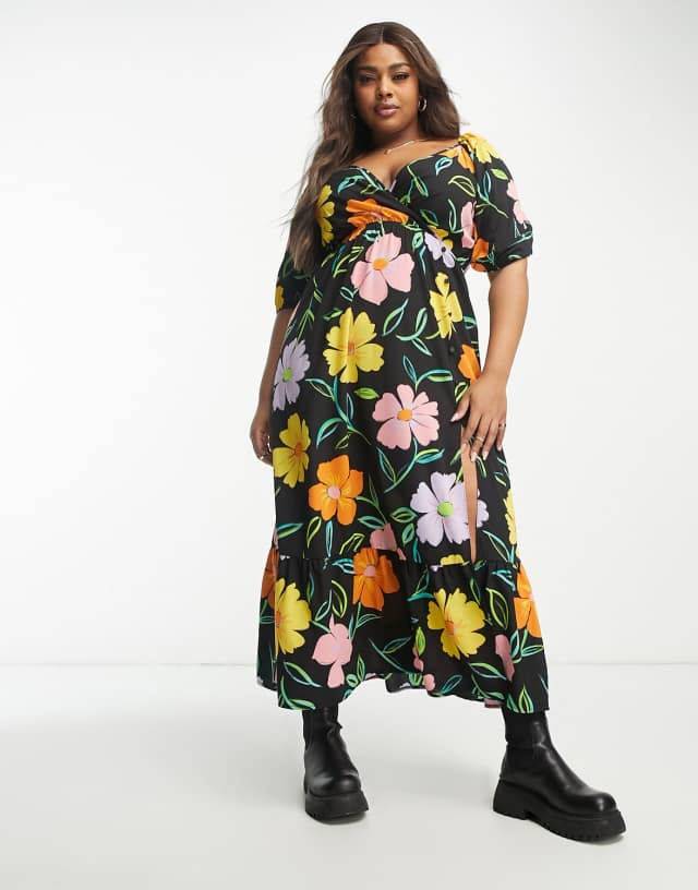 ASOS DESIGN Curve wrap bodice button up skirt with pep hem midi dress in black large floral