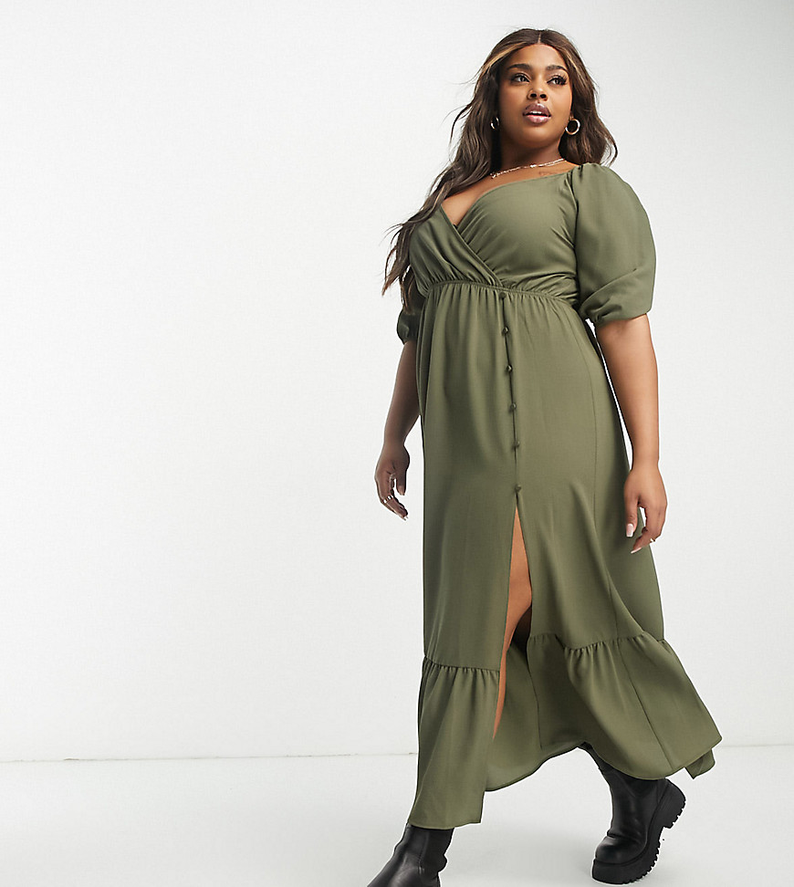 Asos Curve Asos Design Curve Wrap Bodice Button Up Skirt With Pep Hem Midi Dress In Olive-green