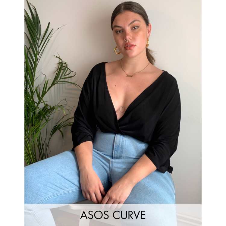 ASOS DESIGN Curve wrap bodysuit with angel sleeve in black