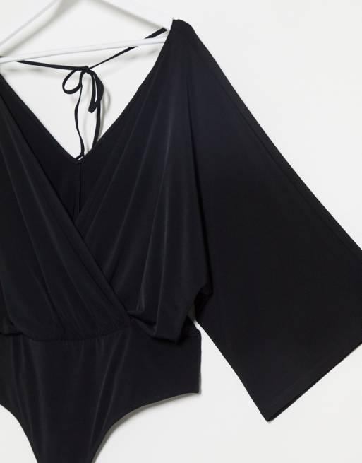 ASOS DESIGN Curve wrap bodysuit with angel sleeve in black