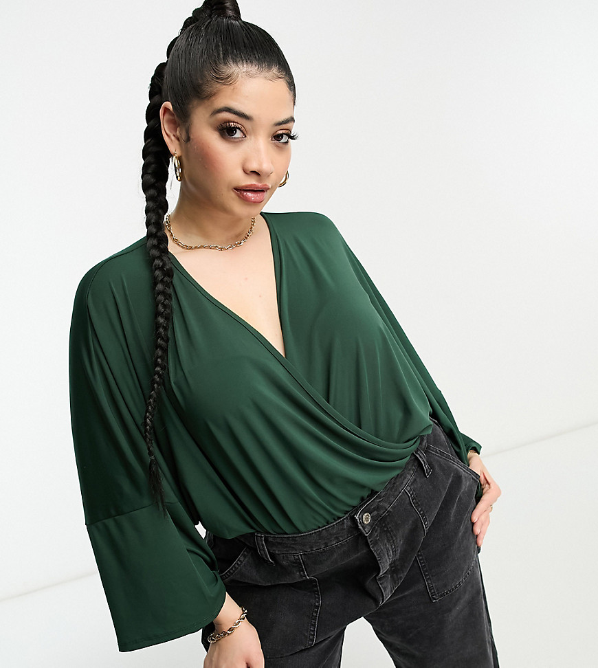 ASOS DESIGN Curve wrap bodysuit with angel sleeve in forest green