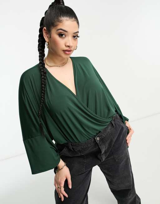 ASOS DESIGN Curve wrap bodysuit with angel sleeve in forest green