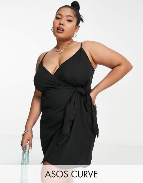 ASOS DESIGN Curve wrap cami tie side linen mini sundress in black 