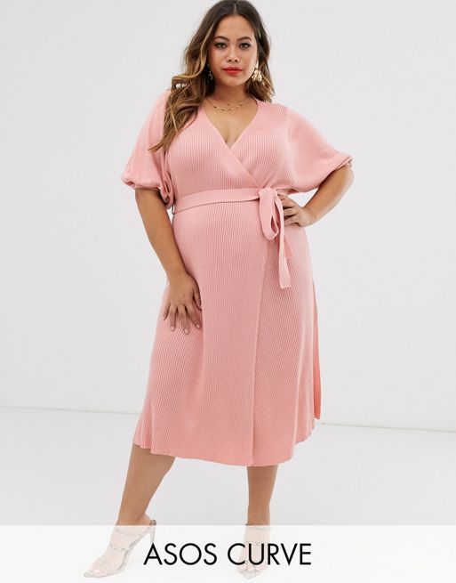 Asos Design Curve Wrap Dress In Rib Knit With Volume Sleeve Asos 