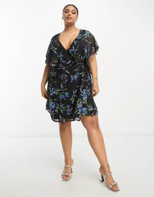 Asos Design Curve Wrap Flutter Sleeve Mini Tea Dress In Black Floral-Multi