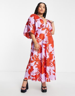 ASOS DESIGN Curve wrap front batwing sleeve satin midi dress in red and lilac floral