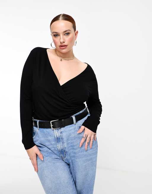 ASOS DESIGN Curve wrap front bodysuit in black